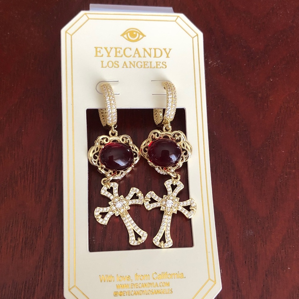 eye candy Gold Tone Huggie Hoop Earrings Red Cabochon & CZ Cross Charm NWT